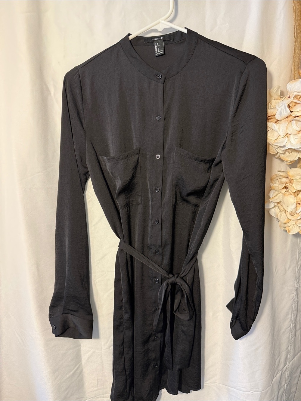 Forever 21 Black Long-Sleeve Button-Front Tie-Waist Dress